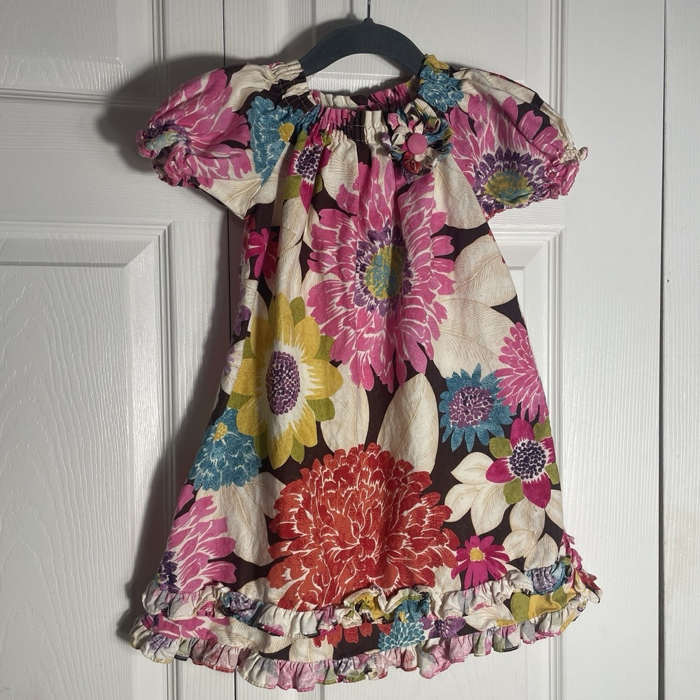 Le Za Me Dress Girls 4T 100% Cotton Pink Yellow Floral Puff Sleeve Ruffle Boho